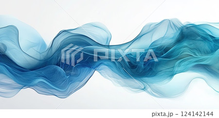 Flowing blue abstract fabric creates a serene atmosphere in a modern art setting with soft light Flowing blue abstract fabric creates a serene atmosphere in a modern art setting with soft light 124142144
