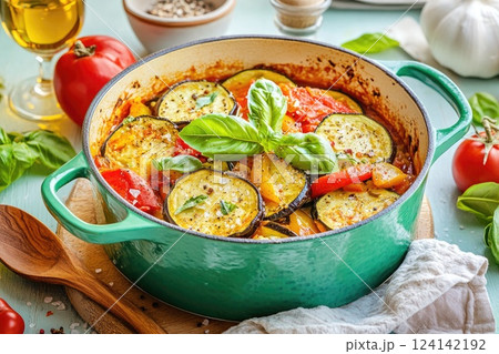 Colorful vegetable dish cooked in a green casserole, garnished with fresh basil and served with olive oil and tomatoes Colorful vegetable dish cooked in a green casserole, garnished with fresh basil and served with olive oil and tomatoes 124142192