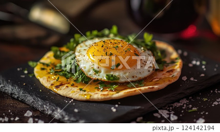 Delicious fried egg on flatbread topped with fresh herbs served on a black stone plate in a cozy dining setting 124142194