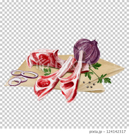 raw meat on the bone or ribs lies on paper or parchment. Meat with spices with onions. BBQ net. Raw lamb. Watercolor illustration. Set for cooking meat. High quality illustration 124142317