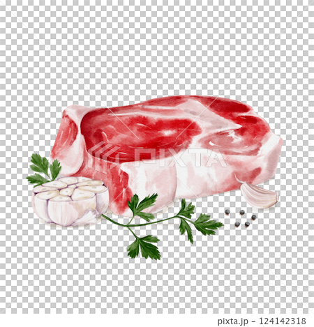 Piece of raw steak with garlic and herbs. with parsley and spices. Fresh beef or lamb or pork. Garlic is cut in half. Watercolor illustration isolated from the background. Meat set.  124142318