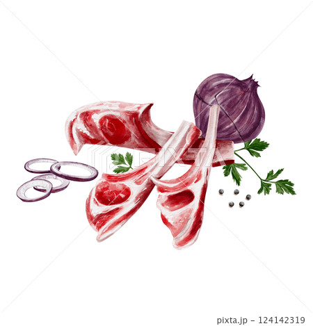 Meat on the bone or ribs. Spices with onion. Barbecue cooking set. Raw lamb. Watercolor illustration isolated from the background. Hand drawing. Red onion cut into rings and parsley. Meat on the bone or ribs. Spices with onion. Barbecue cooking set. Raw lamb. Watercolor illustration isolated from the background. Hand drawing. Red onion cut into rings and parsley. 124142319