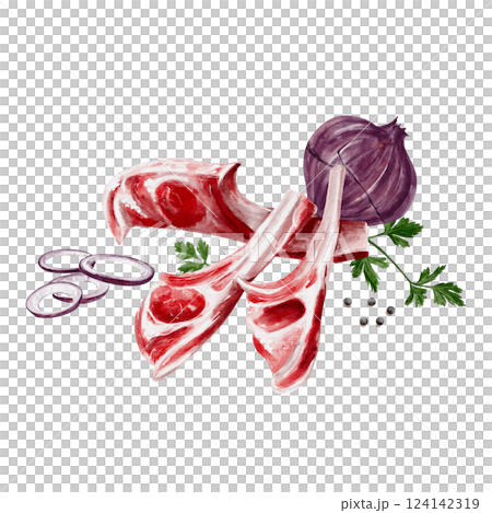 Meat on the bone or ribs. Spices with onion. Barbecue cooking set. Raw lamb. Watercolor illustration isolated from the background. Hand drawing. Red onion cut into rings and parsley. 124142319