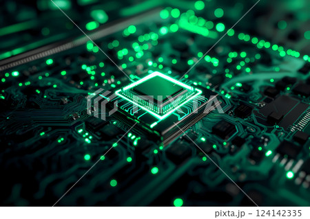 未来的なCPUとマザーボードのクローズアップ – グリーンとブラックのサイバーテックイメージ 124142335
