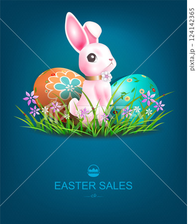 Easter card with a cute pink bunny and painted eggs 124142365