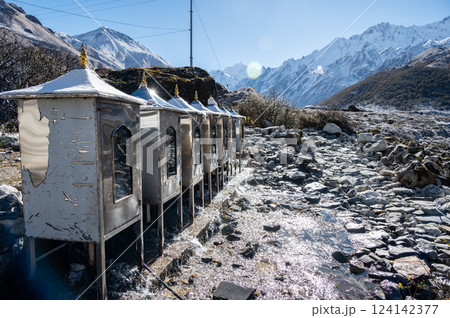 Water powered prayer wheel on the way to Kyangjin Kharka village in Langtang National park in Nepal. 124142377