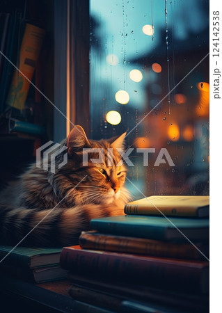 Lazy fluffy cat comfortably resting and lying on soft woolen plaid on chair. Relaxed sleepy tricolour kitty basking in warm sunlight near window on balcony. Coziness with pet at home. 124142538