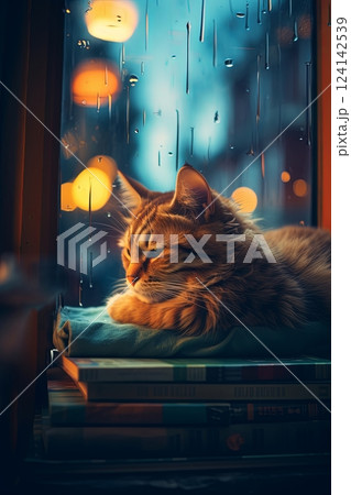 Lazy fluffy cat comfortably resting and lying on soft woolen plaid on chair. Relaxed sleepy tricolour kitty basking in warm sunlight near window on balcony. Coziness with pet at home. 124142539