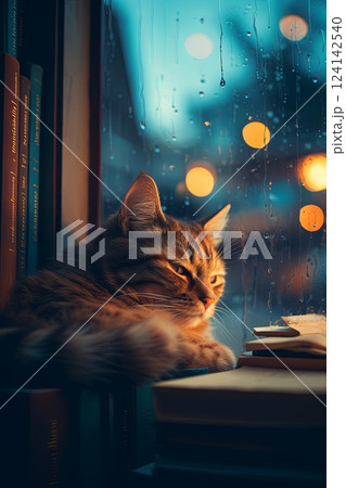 Lazy fluffy cat comfortably resting and lying on soft woolen plaid on chair. Relaxed sleepy tricolour kitty basking in warm sunlight near window on balcony. Coziness with pet at home. 124142540