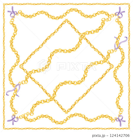 Watercolor pattern for silk scarf and textile print. Design of neck scarf or bandana. Golden intertwined chains and silk ribbons. Elegant baroque style for fabric, stole. Watercolor pattern for silk scarf and textile print. Design of neck scarf or bandana. Golden intertwined chains and silk ribbons. Elegant baroque style for fabric, stole. 124142706