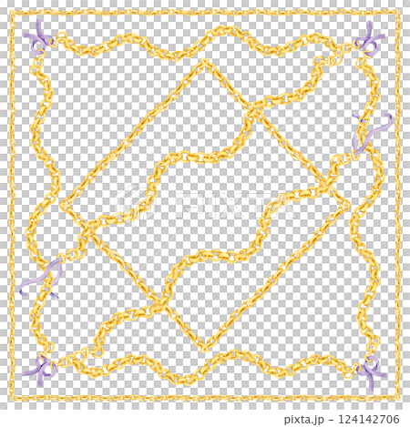 Watercolor pattern for silk scarf and textile print. Design of neck scarf or bandana. Golden intertwined chains and silk ribbons. Elegant baroque style for fabric, stole. Watercolor pattern for silk scarf and textile print. Design of neck scarf or bandana. Golden intertwined chains and silk ribbons. Elegant baroque style for fabric, stole. 124142706