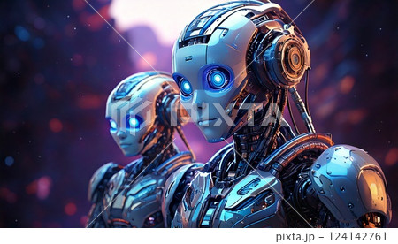 AIロボットと近未来的なSFの世界を描いたデジタルアート	 124142761