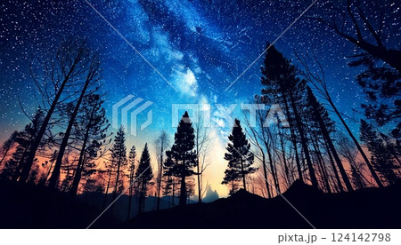 森に浮かび上がる幻想的で神秘的な満天の星空 124142798