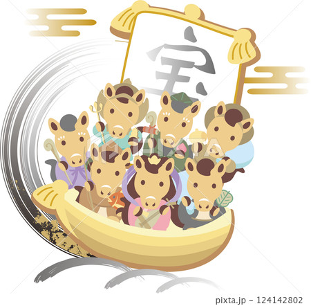 年賀状　年賀2026　干支　七福神　宝船　午年　午　馬　うま　かわいい　正月　和風　イラスト素材 124142802