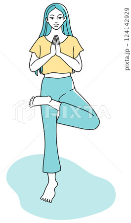 ヨガの木のポーズで立つ女性 124142929