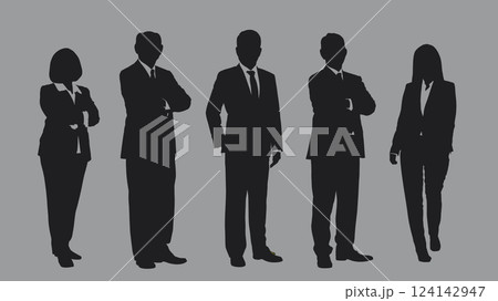 Group of business professionals in formal attire is shown in silhouette on gray background, representing teamwork and leadership, flat line vector and illustration. 124142947