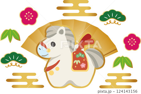 年賀2026　年賀状2026　土鈴　干支　馬　午年　うま　午　正月　飾り　アイコン　イラスト素材 124143156
