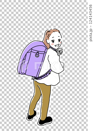 A girl with a purple backpack turns around with a smile 124143456
