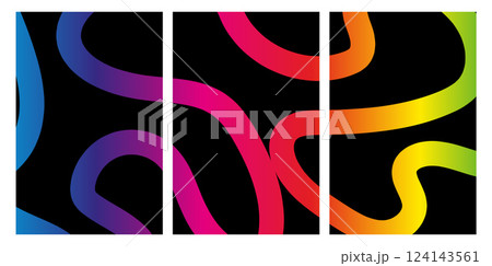 Abstract geometric triptych with wavy gradient lines on black background Abstract geometric triptych with wavy gradient lines on black background 124143561