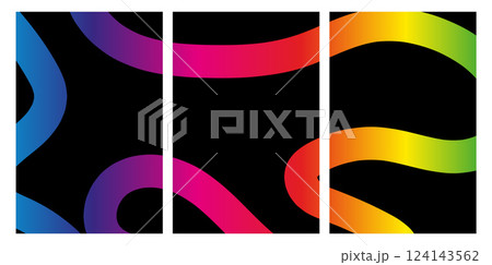 Abstract triptych with curved gradient lines on black background Abstract triptych with curved gradient lines on black background 124143562