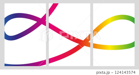 Abstract triptych with intersecting wavy rainbow gradient lines on white background. Modern geometric wall art for interior design and print 124143574