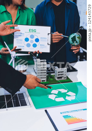 Young Asian business team discussion reusable product in office,start up eco-friendly business,environmental protection,sustainable business model,ESG strategy,team meeting,people work at home concept 124143729