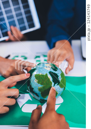 Young Asian business team discussion reusable product in office,start up eco-friendly business,environmental protection,sustainable business model,ESG strategy,team meeting,people work at home concept 124143749