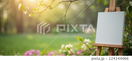 Blank canvas on wooden easel in spring garden with blooming flowers and sunlight. Mockup for painting, design, or creative presentation 124144066