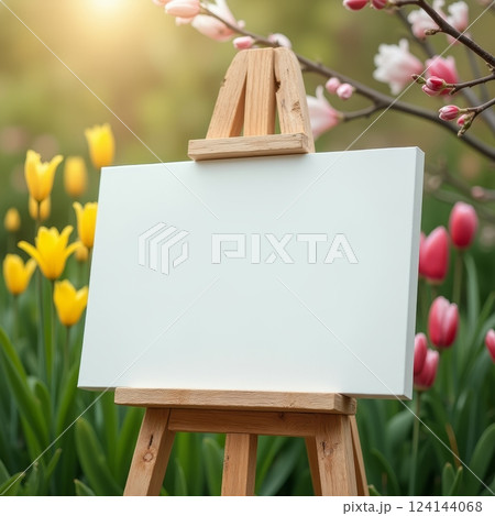 Blank canvas on wooden easel in spring garden with blooming yellow and pink tulips. Mockup for painting, design, or creative projects 124144068