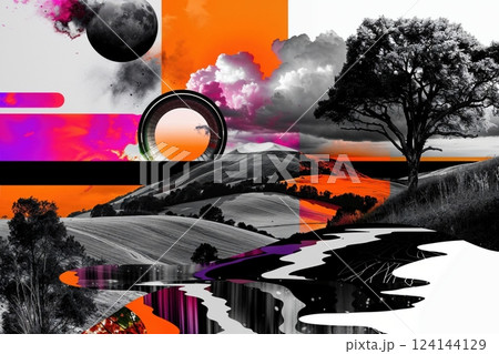 Surreal Landscape Collage with Neon Orange and Monochrome Elements, Modern 2000s Aesthetic Surreal Landscape Collage with Neon Orange and Monochrome Elements, Modern 2000s Aesthetic 124144129