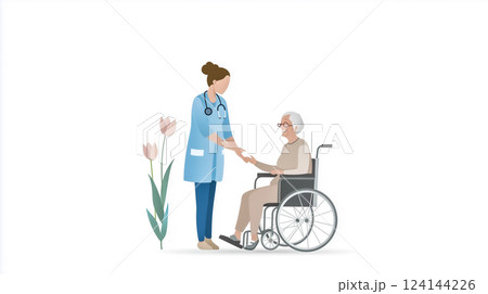 医療ケアのイラスト、車椅子の高齢者が看護師の優しい支援を受ける 124144226