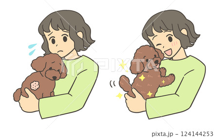 元気のない犬を抱っこする飼い主 元気になった犬を抱っこする飼い主 元気のない犬を抱っこする飼い主 元気になった犬を抱っこする飼い主 124144253