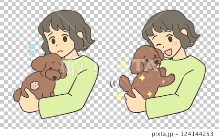 元気のない犬を抱っこする飼い主 元気になった犬を抱っこする飼い主 元気のない犬を抱っこする飼い主 元気になった犬を抱っこする飼い主 124144253