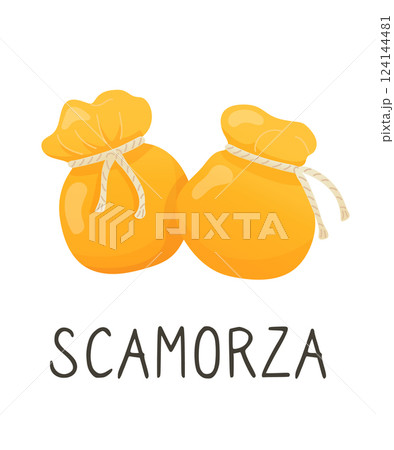Scamorza cheese. Organic farm food. Design element, cartoon flat illustration for logo, poster, menu. Isolated on white background. Vector illustration 124144481