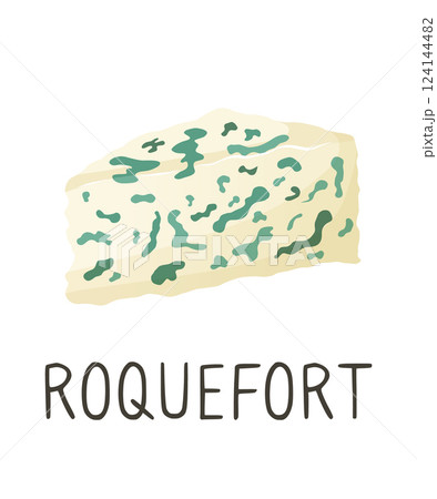Roquefort cheese. Organic farm food. Design element, cartoon flat illustration for logo, poster, menu. Isolated on white background. Vector illustration 124144482