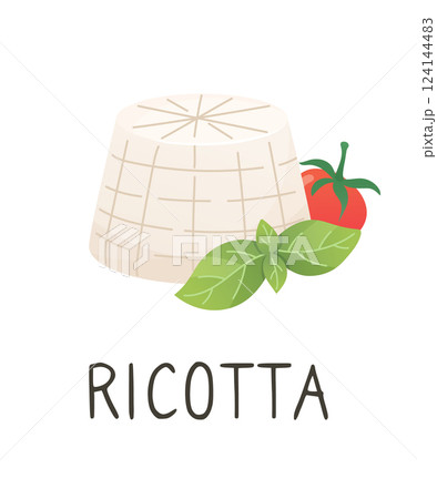 Ricotta cheese with tomato and basil. Soft white cheese. Organic farm food. Design element, cartoon flat illustration for logo, poster, menu. Isolated on white background. Vector illustration 124144483