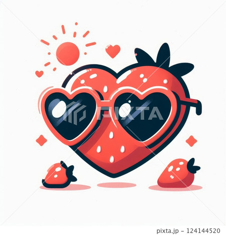 Heart shaped strawberry wearing heart sunglasses. Summer, love, and fruit concept. Cute illustration for design and print 124144520