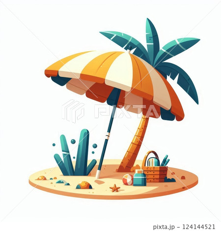 Tropical beach scene with umbrella, palm tree, picnic basket, and summer accessories. Vacation and relaxation concept. Cartoon illustration 124144521