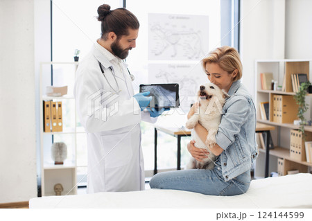 Veterinarian showing X-ray results to young adult woman holding small white dog in clinic. Image portrays care, trust, veterinary medicine. Female wearing casual attire, vet in uniform with gloves. 124144599