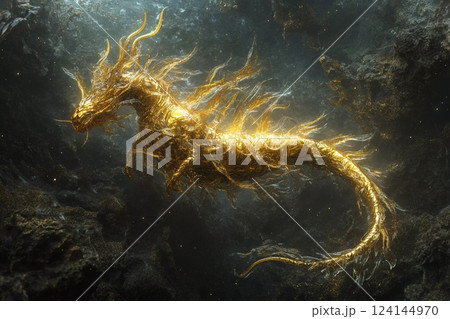 Colorful aquatic creature gracefully swimming through vibrant underwater landscape in a serene environment 124144970