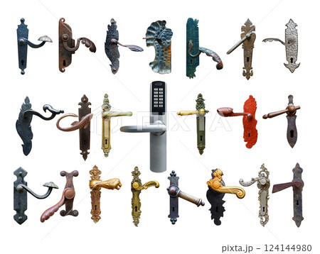 collage evolution of manual door handles isolated on white background 124144980