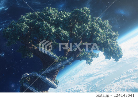 Floating tree city in space showcases futuristic architecture amid the cosmos 124145041
