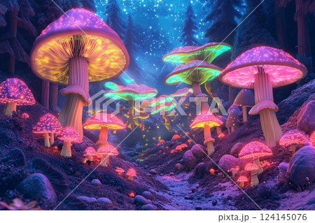 Vibrant glow of neon mushrooms under a starry night sky in a mystical forest landscape 124145076