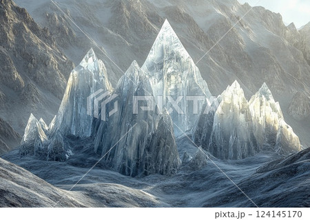 Stunning ice mountains reflecting sunlight in a remote frozen landscape during the winter season 124145170