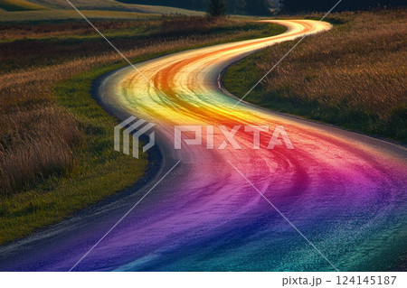Colorful rainbow road stretches through green hills under a clear blue sky 124145187