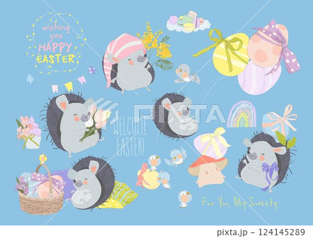 Happy Easter Set with Funny Hedgehogs and Cute Easter Elements Happy Easter Set with Funny Hedgehogs and Cute Easter Elements 124145289