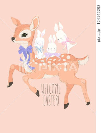 Cute Little Fawn standing with Funny Easter Rabbits 124145292
