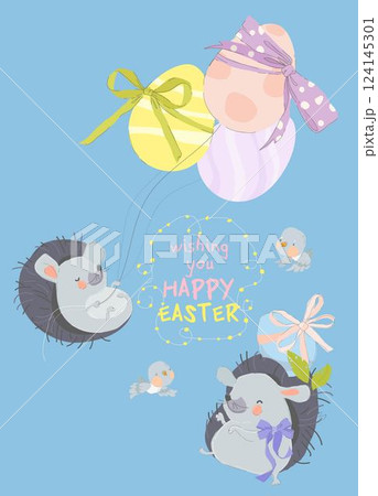 Happy Easter Greeting Card with Cute Hedgehogs and Easter Eggs 124145301