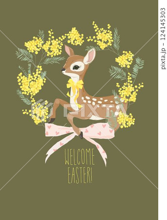 Cute Little Fawn standing in Wreath of Mimosa 124145303