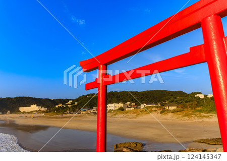 静岡県 下田市 朝の 白浜大浜海水浴場と大明神岩 赤鳥居 静岡県 下田市 朝の 白浜大浜海水浴場と大明神岩 赤鳥居 124145347